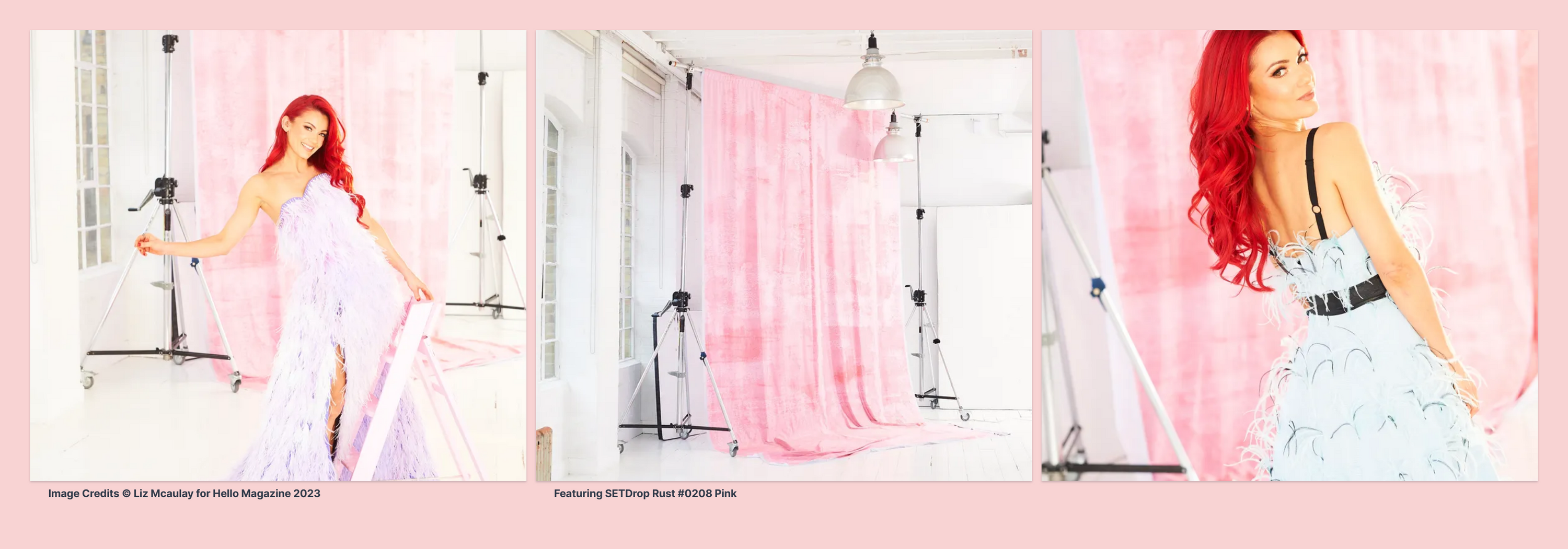 Pink photography backdrop featuring Liz Mcaulay for Hello Magazine - A ready to hire digitally printed sustainable photography background