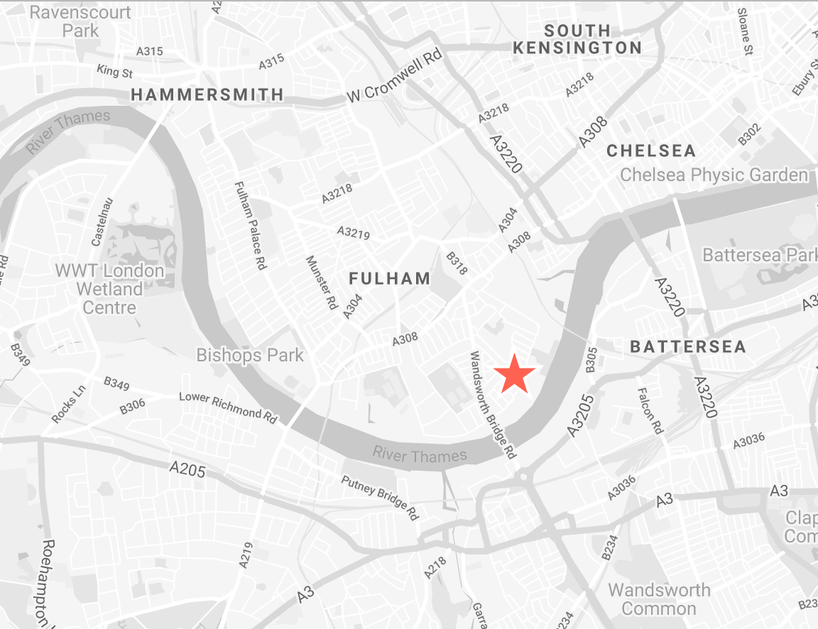 Grey scale map showing Fulham, Battersea , Chelsea, South Kensington and Hammersmith in London with a red star showing where Set Surfaces photography backdrops for hire are based in Townmead Business Centre London SW6 2SZ